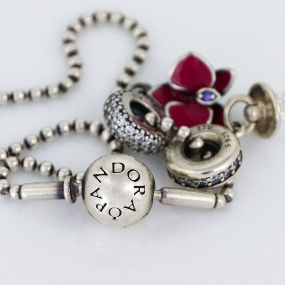 Pandora Ball Chain Sterling 925 Pink Flower Pacifier Charms Bracelet 6.25" - Picture 1 of 12
